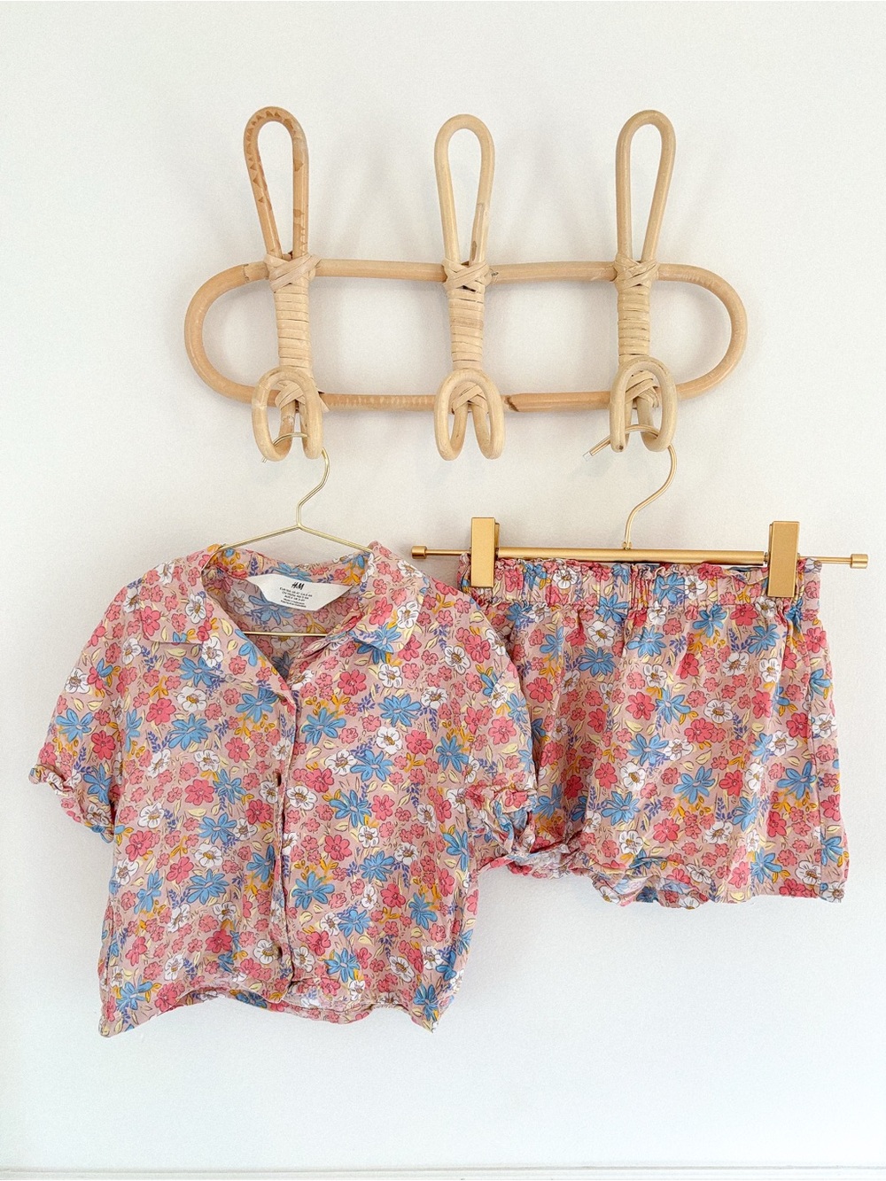 H&M Pink Floral Short Pajama Set with Blue & Yellow Accents